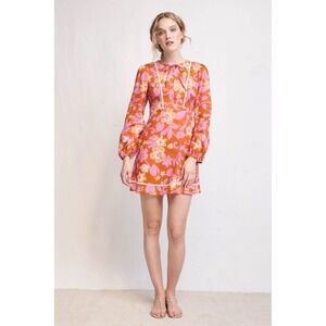 Warm NY Floral Mini Dress Orange Pink Retro Long Sleeve V-Neck Size 0 FLAW -